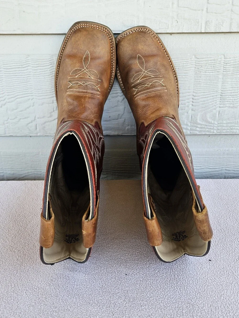 Old West Broad Square Toe Leather Western Cowboy Boots Youth SZ 5.5 Brown Red